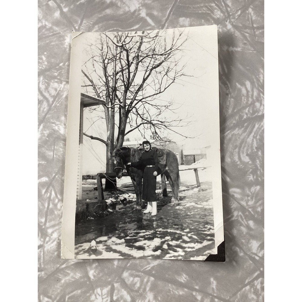 Vintage 1949 Black and White Photo Woman and Horse Choo Choo Snapshot 3x4.5